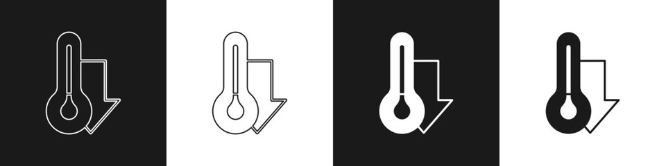 Set Meteorology thermometer measuring icon isolated on black and white background. Thermometer equipment showing hot or cold weather. Vector