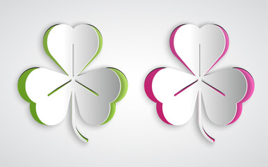 Paper cut Clover icon isolated on grey background. Happy Saint Patrick day. Paper art style. Vector