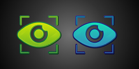 Green and blue Big brother electronic eye icon isolated on black background. Global surveillance technology, computer systems and networks security. Vector