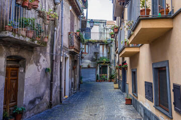 Caggegi Street in Randazzo town on Sicily Island, Italy