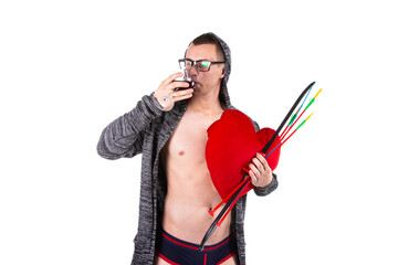 Valentine's Day. Young attractive man. White background. Handsome guy. 