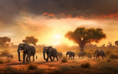 Naklejka na ściany i meble A herd of elephants walking across a dirt field. AI generative image.