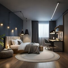 Elegant designed kids bedroom in dark colors. Cozy kids room interior, nordic design with light garlands and soft pillows, tent canopy bed. Children room in evening with lights on