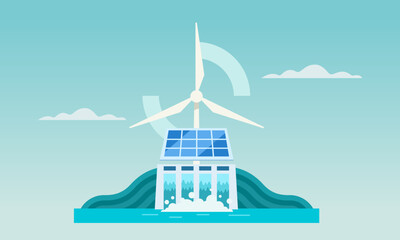 clean energy from renewable energy sources with solar panels and wind turbines and dams, sustainable electricity generation vector illustration.