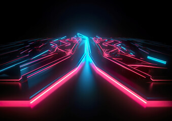 Abstract black background with glowing pink blue neon lines, geometric shapes, virtual space, in the ultraviolet spectrum, modern wallpaper. AI generated illustration in 3D design.