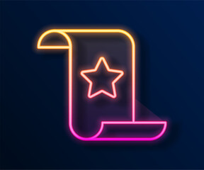 Obraz premium Glowing neon line Paper check and financial check icon isolated on black background. Paper print check, shop receipt or bill. Vector