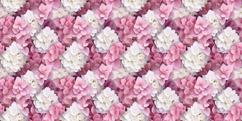 Beautiful blossoming tender pink and white hydrangea flowers texture. Realistic hydrangea flowers seamless pattern. 