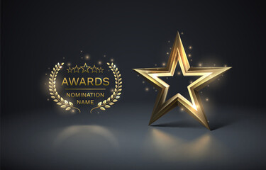 Obraz premium Awards nomination name podium, golden prize event, scene star ceremony. Vector illustration