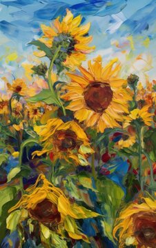 A painting of sunflowers in a field. AI generative image.