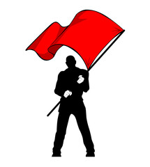 Man with red flag. Silhouette of protesting rebel  holding banner. Vector on transparent background