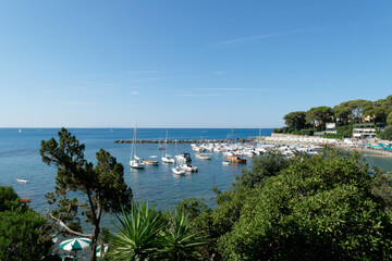 Panoramic view of Castiglioncello pretty seaside village along the coast of the Etruscans in Tuscany , Italy