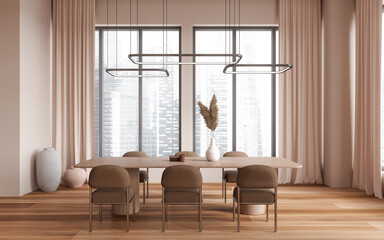 Beige dining room interior with long table