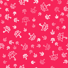 White line Umbrella and rain drops icon isolated seamless pattern on red background. Waterproof icon. Protection, safety, security concept. Water resistant symbol. Vector