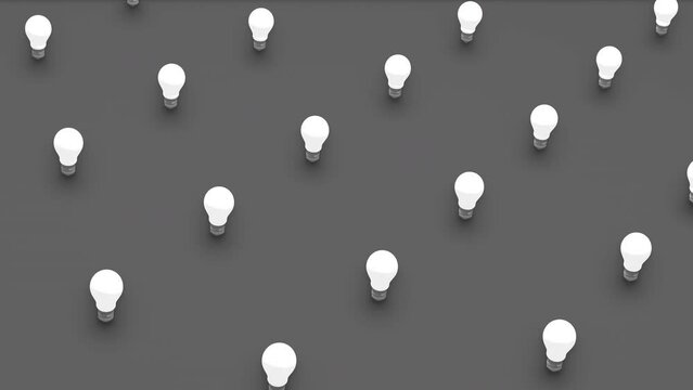 Abstract 3d render of light bulb objects in isometric view and moving camera around. Computer generated loop animation. 4K seamless motion design
