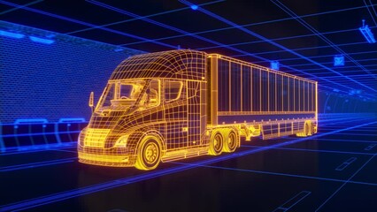 Electric Semi-Trailer Truck driving through a tunnel. Technological blue-yellow glowing Wireframe style 3d render - Powered by Adobe
