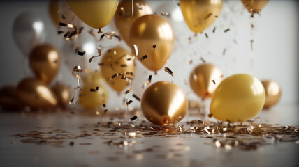 A romantic illustration of message for New Year, Golden balloons and confetti, abstract love creations. Blurry background, template, Bokeh, Generative AI