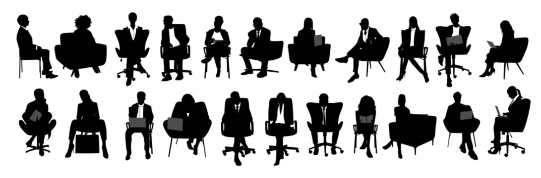 Silhouettes of business people sitting, men and women sit on armchair, office chair with laptop, tablet, front, side view. Vector illustration isolated black on white background. Icons set, bundle.