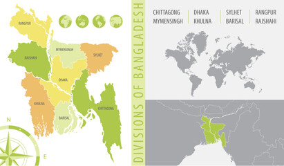 Detailed map of  Bangladesh with administrative divisions of the country, color vector illustration