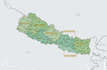 Detailed map of Nepal with administrative divisions into Provinces and Districts, major cities of the country, vector illustration onwhite background