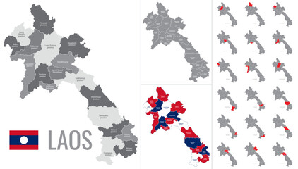 Detailed vector map of regions of Laos with flag