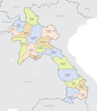 Detailed map of Laos with administrative divisions and borders of neighboring countries, vector illustration on white background