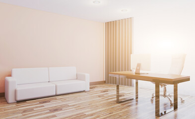 Elegant office interior. Mixed media. 3D rendering.. Sunset.