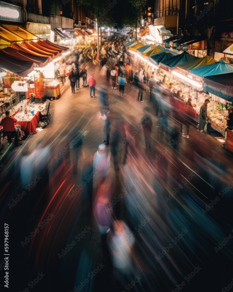 Canvas Prints A crowd of people walking down a street at night. AI generative image.