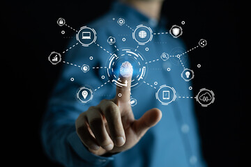 Futuristic digital processing of biometric identification fingerprint scanner. concept of surveillance and security scanning