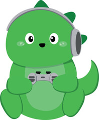 cute dinosaur playing video game cartoon vector character clip art