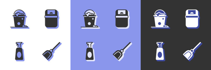 Set Dustpan, Bucket with foam and bubbles, Cleaning spray detergent and Trash can icon. Vector