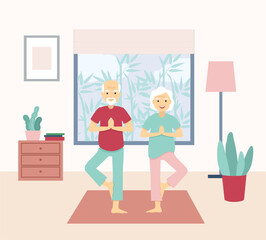 Senior adult couple doing yoga at home. Couple old people activity, retirement, sport, fitness concept. Practicing meditation, exercising, keeping active healthy lifestyle. Vector illustration