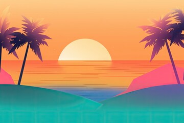 Plakat A sunset scene with palm trees and the ocean. AI generative image.