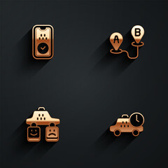 Set Taxi mobile app, Route location, service rating and waiting time icon with long shadow. Vector