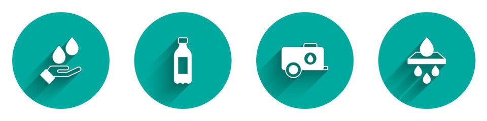 Set Washing hands with soap, Bottle of water, Mobile tank and Water filter cartridge icon with long shadow. Vector