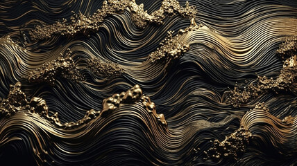 Black and golden waves, abstract creation. Blurry background, template, Bokeh, Generative AI