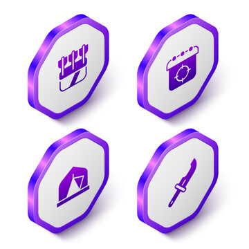 Set Isometric Quiver with arrows, Target sport, Tourist tent and Hunter knife icon. Purple hexagon button. Vector