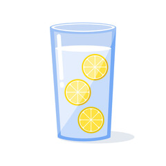 Water with 3 pieces of lemon in a transparent glass, vector, detox and fitness, isolated element, healthy water