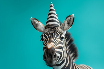 Naklejka premium Zebra portrait with a birthday hat on blue background. Generative ai. 