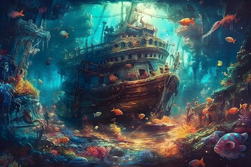 A mystical underwater realm with vibrant sea creatures and a mysterious shipwreck in the distance. Created with generative AI. - obrazy, fototapety, plakaty