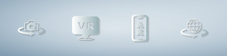 Set 360 degree view, Virtual reality, Augmented AR and 3d modeling. Paper art style. Vector