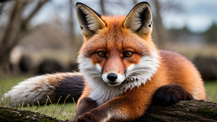 resting fox laying on a tree trunk and looking calm with some trees in background, generative AI