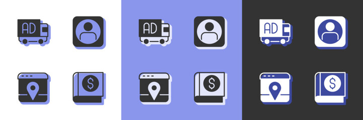 Set Financial book, Advertising on truck, Infographic of city map and Create account screen icon. Vector