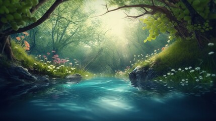 Picturesque summer fantasy forest landscape with fresh clear blue water stream background with copy space in the middle. AI generative image.