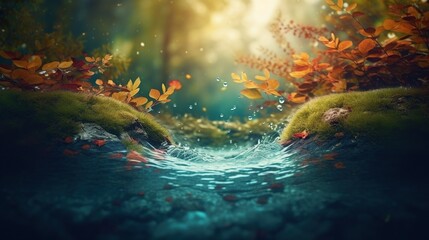 Picturesque autumn fantasy forest landscape with clear blue water stream background with copy space in the middle. AI generative image.