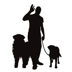 Vector silhouette of man with his happy dogs on white background.