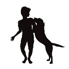 Vector silhouette of boy with his happy dog on white background.