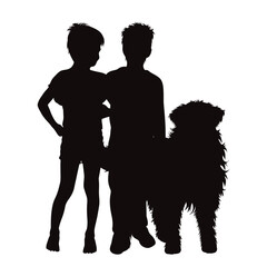 Vector silhouette of boys with their happy dog on white background.