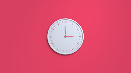 White wall clock isolated on pink background. 3D rendering illustration.