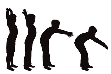 Vector silhouette of set of boys in different positions on white background.