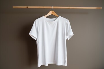A white t - shirt hanging on a wooden hanger. AI generative image.